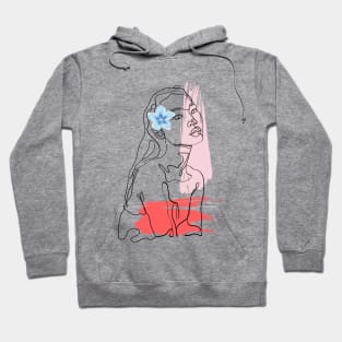 Abstract face with blue flower, minimalistic line drawing Hoodie